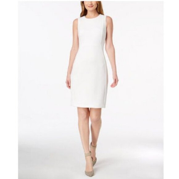 NWOT RARE Calvin Klein Sleeveless Textured Crepe Sheath Dress in Ivory White - Picture 2 of 16